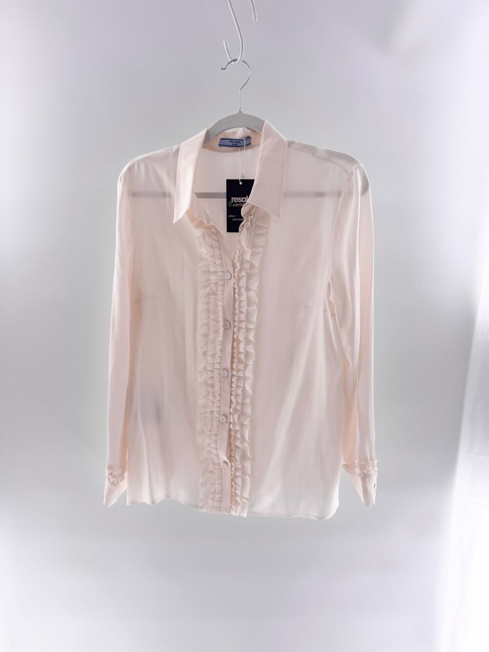 Prada 100% Silk Ruffle Trim Long Sleeve Button-Down Shirt Cream Women's 46/S